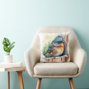 Wasserfarbenvogel auf einem Zaun Kissen