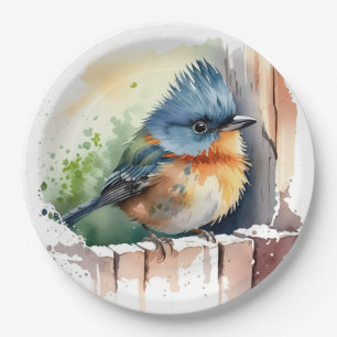 Wasserfarbenvogel auf einem Zaun Pappteller