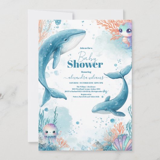 Wasserfarbenwal unter der Meeresbabydusche Einladung (Vorderseite)