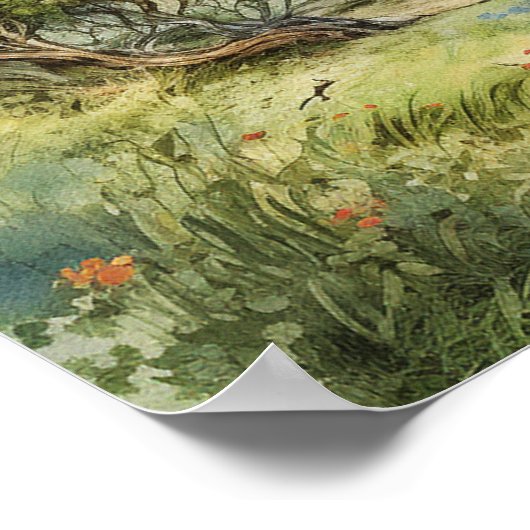 Wasserfarbenwald bis zur Hütte auf einem Hügel Poster (Ecke)