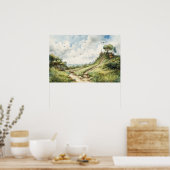 Wasserfarbenwald bis zur Hütte auf einem Hügel Poster (Küche)