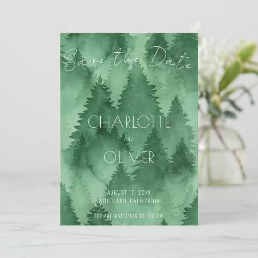 Wasserfarbenwald Moderne Rustikale Hochzeit Save The Date (Stehend Vorderseite)