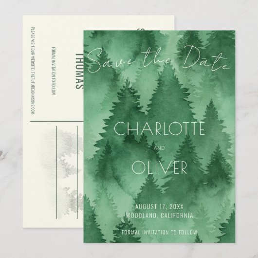 Wasserfarbenwald Moderne Rustikale Hochzeit Save The Date (Vorne/Hinten)