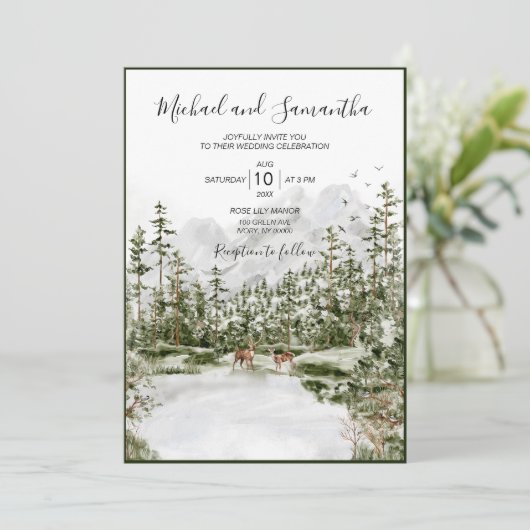 Wasserfarbenwald Rustikale Hochzeit Einladung (Stehend Vorderseite)