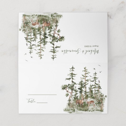 Wasserfarbenwald Rustikale Hochzeit Platzkarte (Außenseite Aufgefaltet)