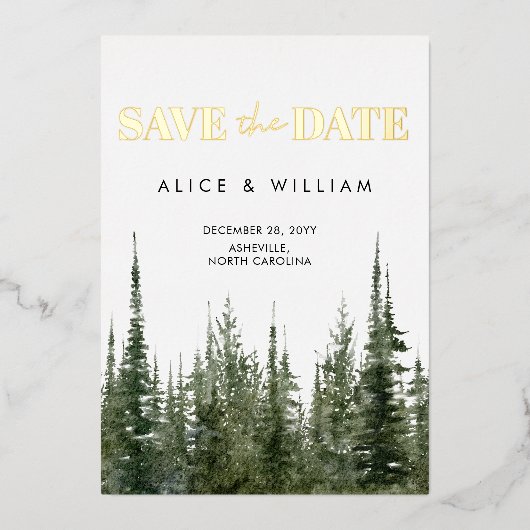 Wasserfarbenwald Rustikale Pinienbäume Save the Da Folieneinladung (Vorderseite)