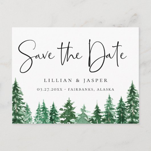 Wasserfarbenwald Save the Date Ankündigungspostkarte (Vorderseite)