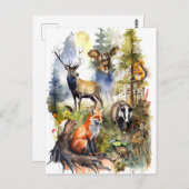 Wasserfarbenwaldtiere, Hirsche, Fische, Badger und Postkarte (Vorne/Hinten)