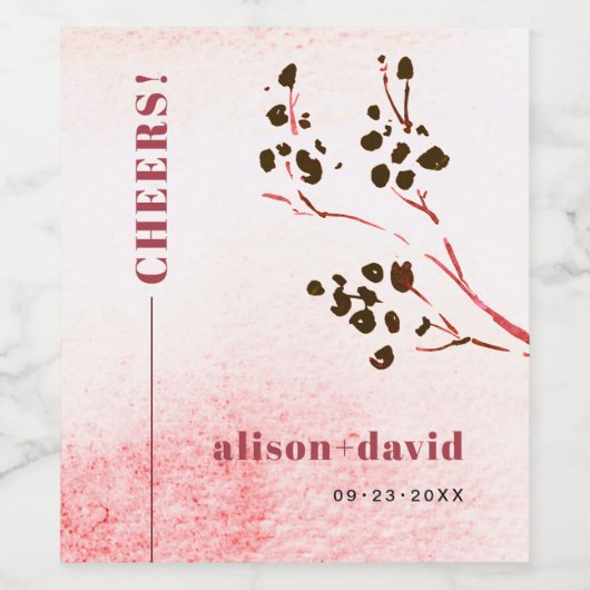 Wasserfarbenwäsche und Zweig Japandi CHEERS Hochze Weinetikett (Einzelnes Label)