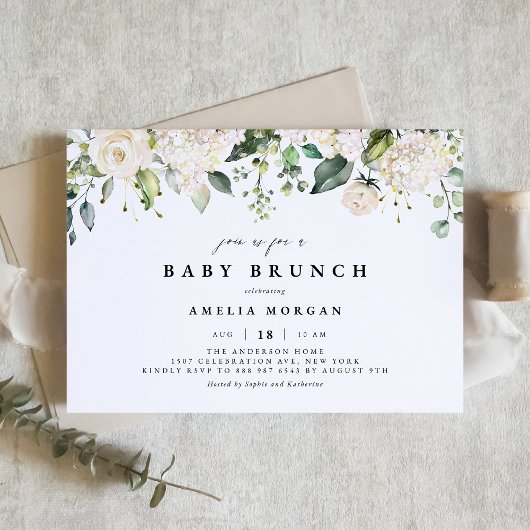Wasserfarbenweißer Rose und Hydrangea Baby Brunch Einladung