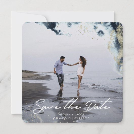 Wasserfarbenwellen Foto Save the Date Karte (Vorderseite)