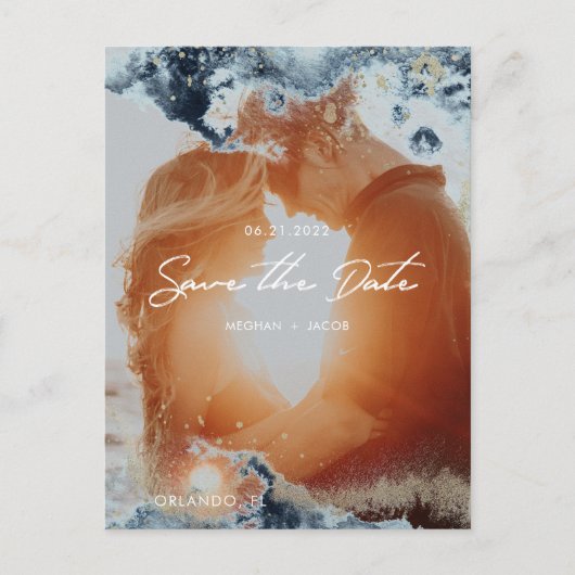 Wasserfarbenwellen Foto Save the Date Postkarte (Vorderseite)