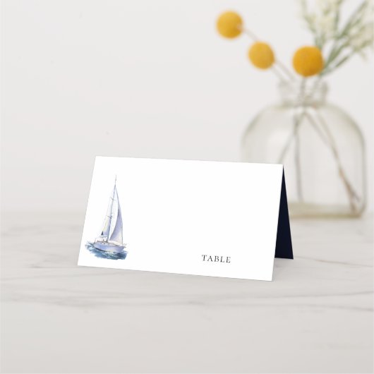 WasserfarbenYacht Nautical Theme Navy Blue Wedding Platzkarte (Vorderseite)