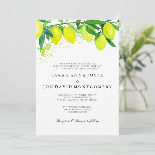Wasserfarbenzitrus/Lemon Hochzeitseinladung Einladung (Stehend Vorderseite)