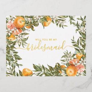 Wasserfarbenzitrus Orchard Seid meine Bridesmaid Folie Einladungspostkarte
