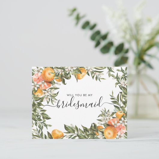 Wasserfarbenzitrus Orchard | Seid meine Bridesmaid Postkarte (Stehend Vorderseite)