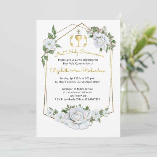 Wasserfarbige Geometrische Rahmenkommunion der wei Einladung (Stehend Vorderseite)