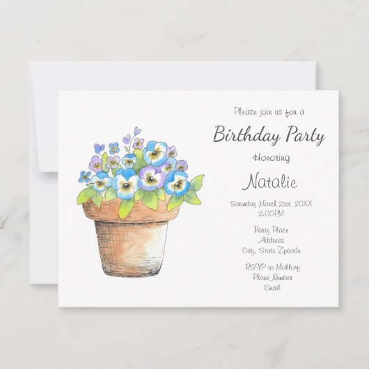 Wasserfarbige Stiefmütterchen Einladung (Vorderseite)