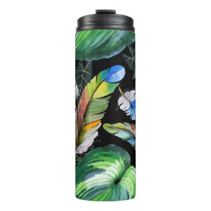 Wasserfarbige Vogelfedermuster aus dem Flügel. Aqu Thermosbecher