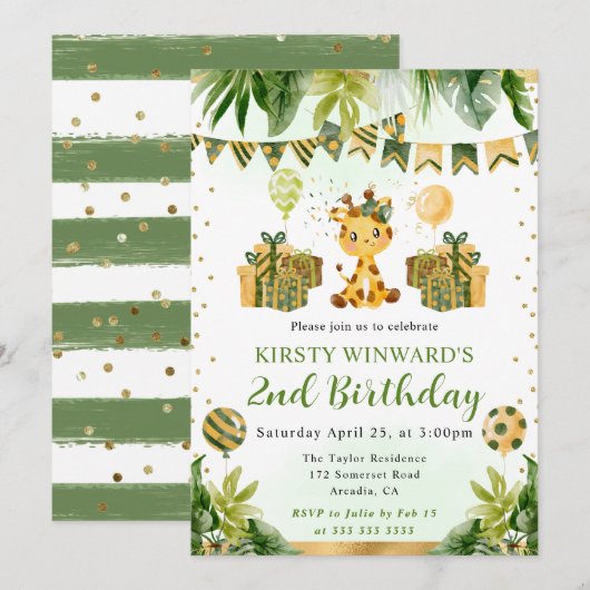 Wasserfarbiger Jungle Giraffe Kindergeburtstag Einladung (Vorne/Hinten)