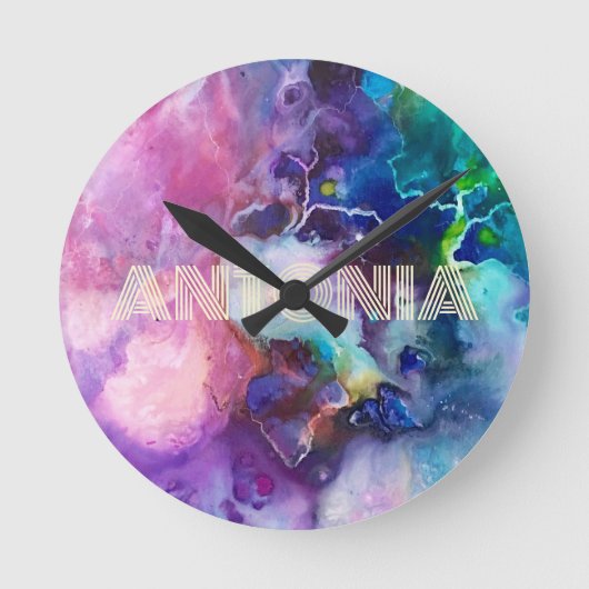 Wasserfarbiger Regenbogen Name für whimsical perso Runde Wanduhr (Vorderseite)
