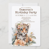 Wasserfarbiger Tiger in Blume Geburtstagsparty Einladung (Vorderseite)
