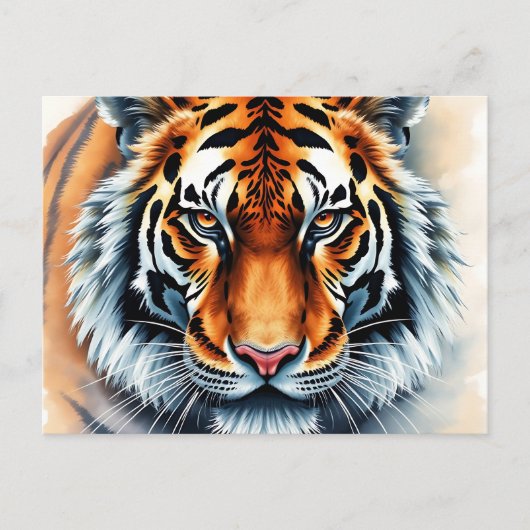 Wasserfarbiges Tiger-Portrait mit scharfen Augen Postkarte (Vorderseite)