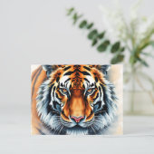 Wasserfarbiges Tiger-Portrait mit scharfen Augen Postkarte (Stehend Vorderseite)