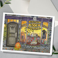 Wasserfarbkarte Halloween Cat and Book Shop