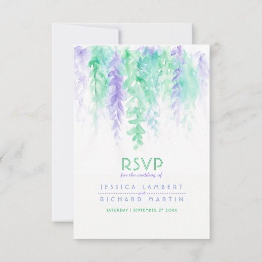 Wasserfarbkaskade Hochzeit lila blaues grünes UAWG RSVP Karte (Rückseite)