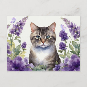Wasserfarbkatze mit Lavendel-Blume Postkarte