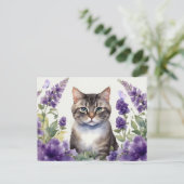 Wasserfarbkatze mit Lavendel-Blume Postkarte (Stehend Vorderseite)