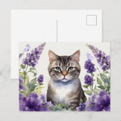 Wasserfarbkatze mit Lavendel-Blume Postkarte (Vorne/Hinten)