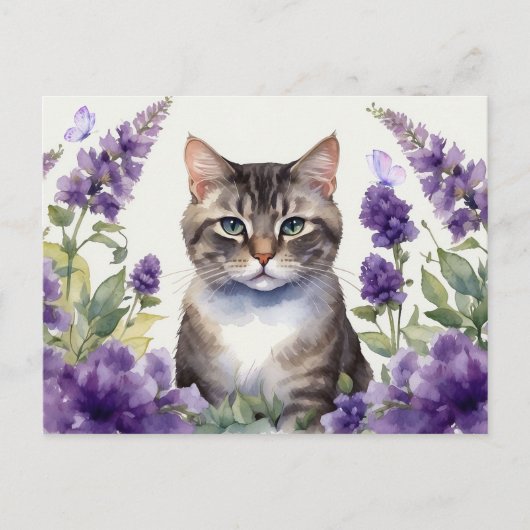 Wasserfarbkatze mit Lavendel-Blume Postkarte (Vorderseite)