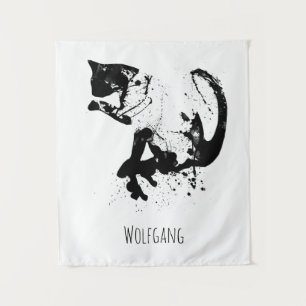 Wasserfarbkatze, schwarze Katze, Minimal, Schwarz Wandteppich