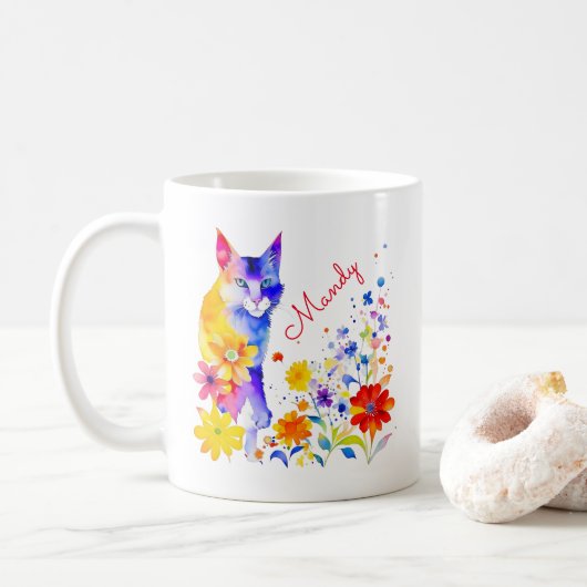 Wasserfarbkatze und Blume Personalisiert Kaffeetasse (Mit Donut)