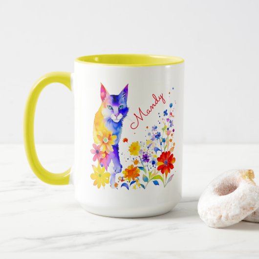 Wasserfarbkatze und Blume Personalisiert Tasse (Mit Donut)