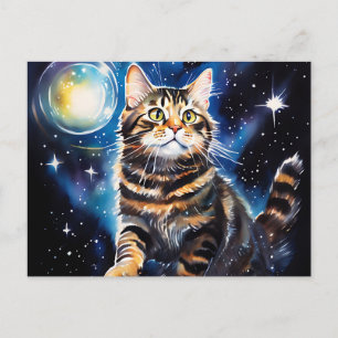 Wasserfarbkatze unter Sternenhimmel Postkarte