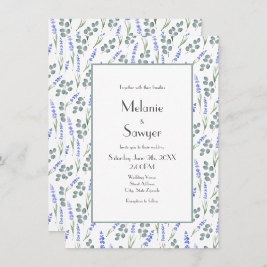 Wasserfarblavender und Eukalyptus-Muster Einladung (Vorne/Hinten)