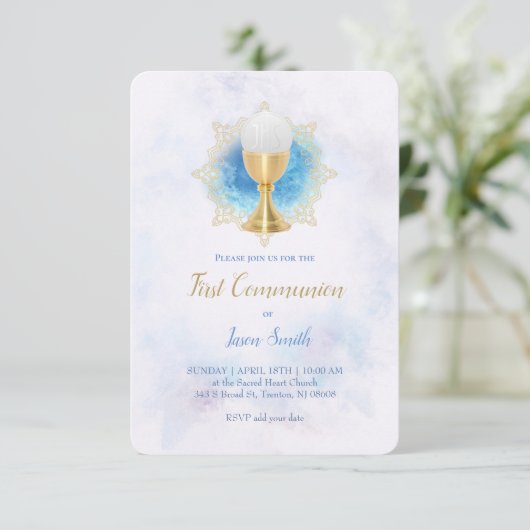Wasserfarbmarmor der ersten Kommunion Einladung (Stehend Vorderseite)
