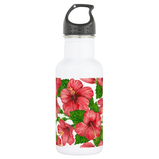 Wasserfarbmuster des roten Hibiskus Edelstahlflasche (Vorderseite)