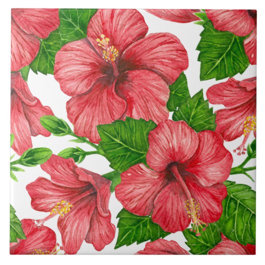 Wasserfarbmuster des roten Hibiskus Fliese (Vorderseite)