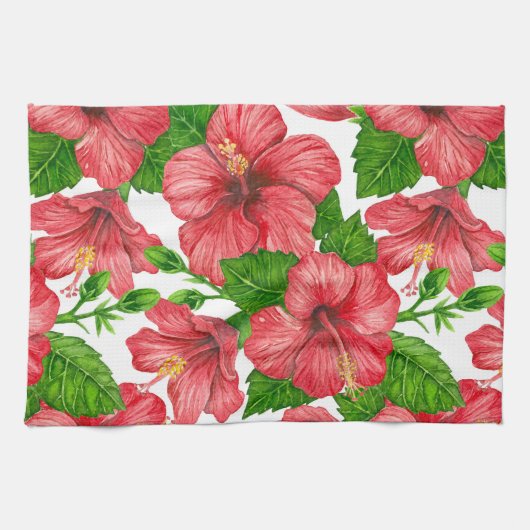 Wasserfarbmuster des roten Hibiskus Geschirrtuch (Horizontal)