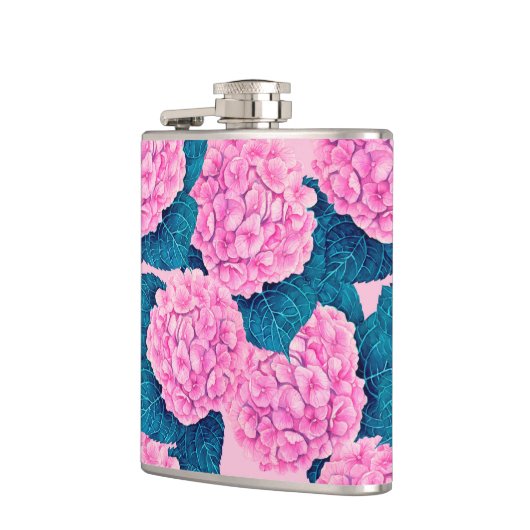 Wasserfarbmuster Hydrangea, rosa und blau Flachmann (Links)