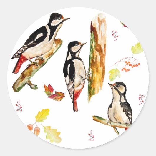 Wasserfarbmuster mit Vogelspecht Runder Aufkleber (Vorderseite)