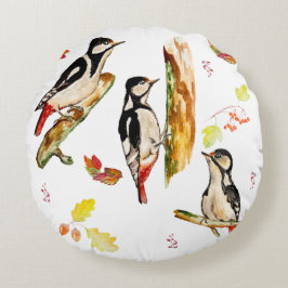 Wasserfarbmuster mit Vogelspecht Rundes Kissen