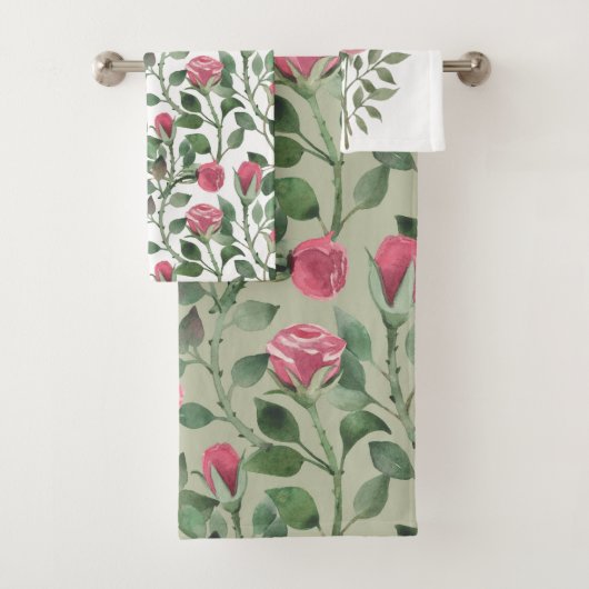 Wasserfarbmuster von Blume und Knospen von Rose Badhandtuch Set (Insitu)