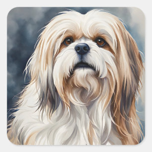 Wasserfarbportrait Sweet Shih Tzu Pose Quadratischer Aufkleber