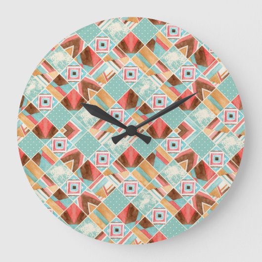 Wasserfarbquadrat, geometrischer Patchwork-Hinterg Große Wanduhr (Vorderseite)
