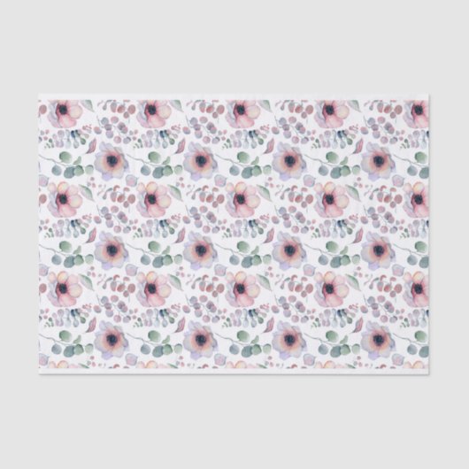 Wasserfarbrosa Anemone und Eukalyptus-Muster Seidenpapier (Vorderseite)